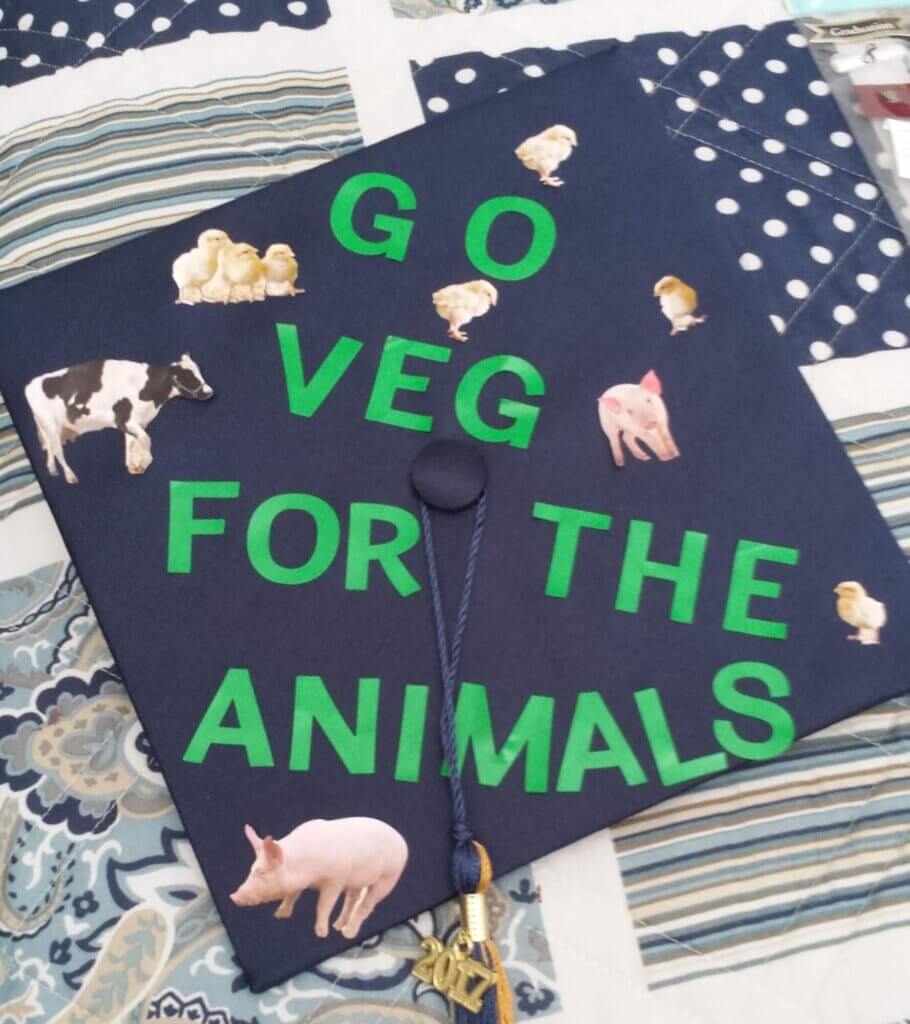 Image from Reddit of a graduation cap reading "Go veg for the animals"