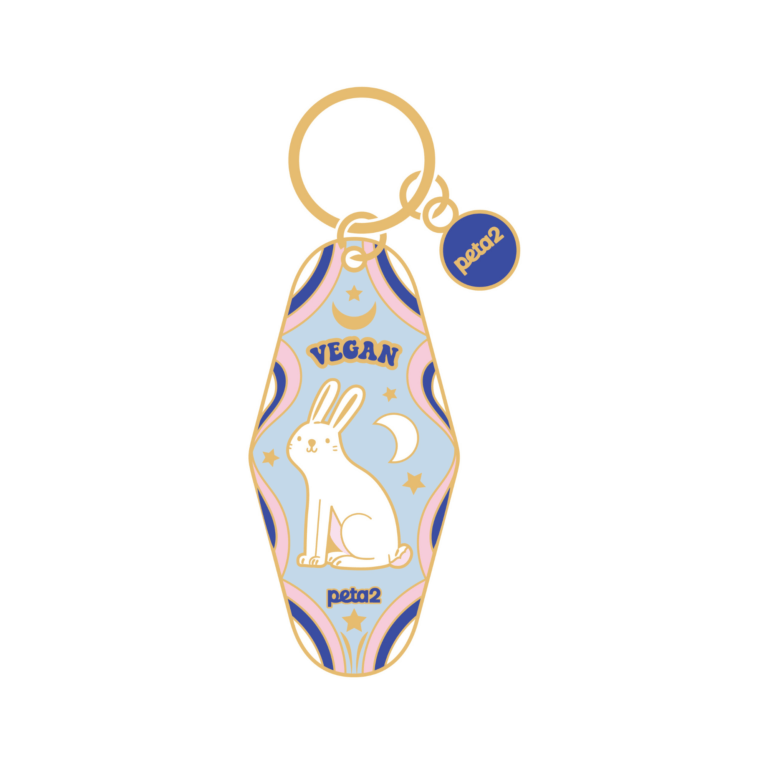 A gold motel keychain featuring an illustration of a rabbit, the moon, and stars. It reads "Vegan"