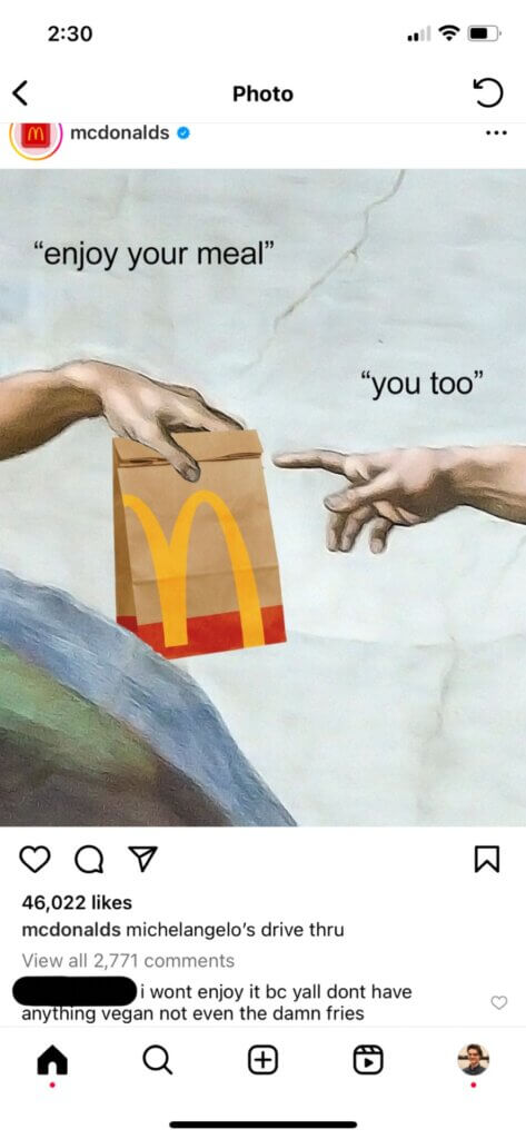 PETA-owned image for the McDonald's vegan mission from Calvin M