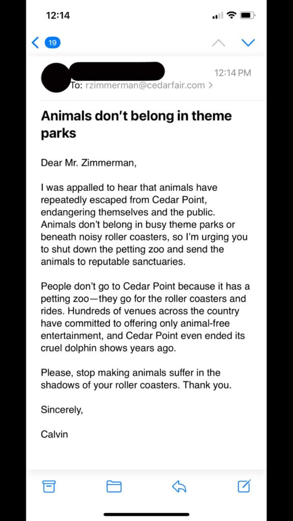 PETA-owned image for the Cedar Point mission