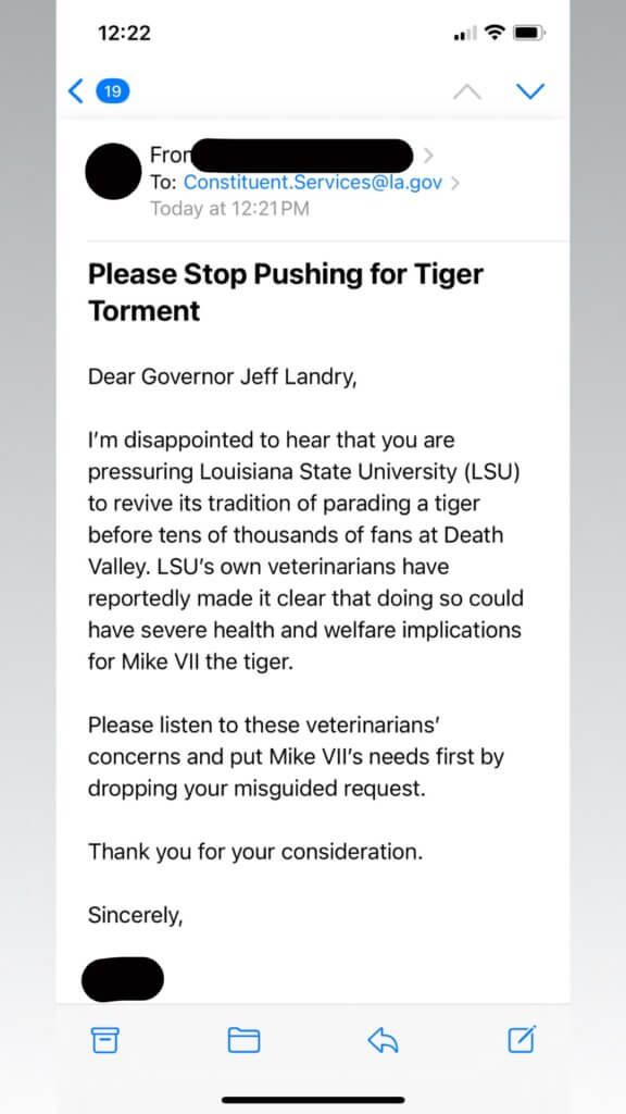 PETA-owned image for the louisiana tiger football mission