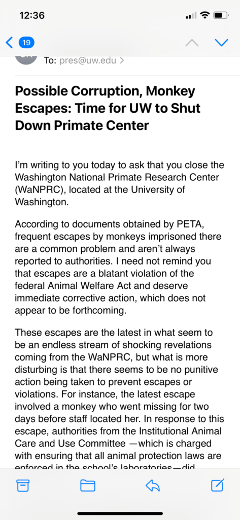 PETA-owned image for the university washington monkeys mission