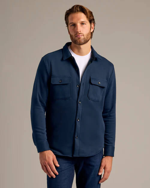 Image from True Classic website for the vegan shirt jackets article