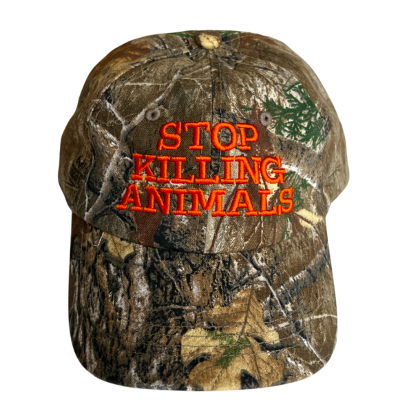 ‘stop killing animals’ camo hat